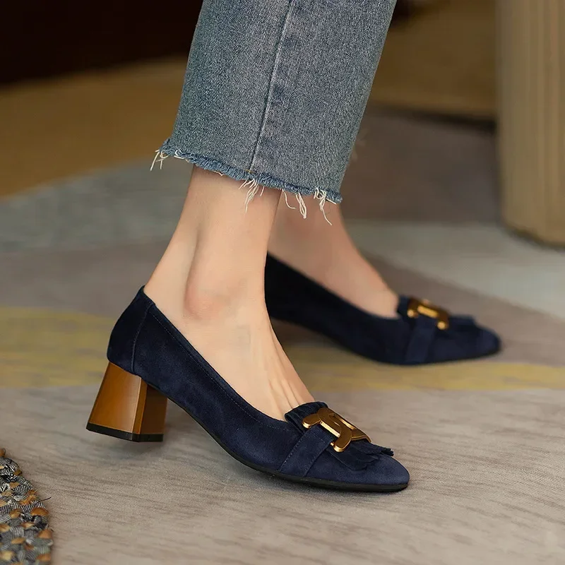 2023 New Fashion Tassel Metal Comfortable Pumps Square Toe Slip-on Casual Elegant Low Heel Sandals Leather Women Shoes 40