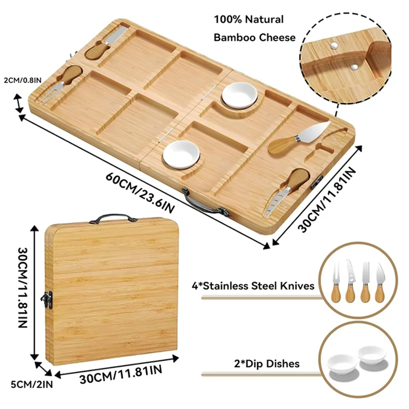 Bamboo Cheese Board, Wood Serving Tray with 4 Knives and 2 Dipping Dishes Set, Openable Charcuterie Serving Platter with 7 Grids