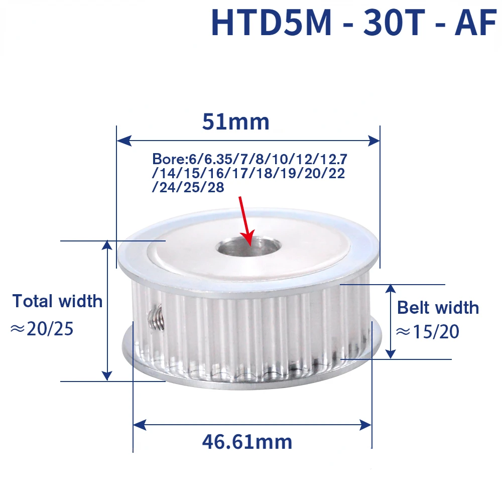 HTD5M 30T AF Timing Pulley Bore 6/6.35/8/10/12/12.7/14/15/16/17/20/22/24mm 30Teeth 5mm Pitch For Width 15/20mm HTD5M Timing Belt
