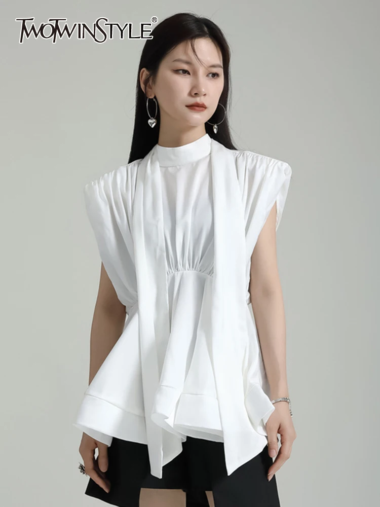 

TWOTWINSTYLE Patchwork Ruffles Shirts For Women Round Neck Sleeveless Tunic Solid Pullover Blouse Female Fashion Clothing 2023