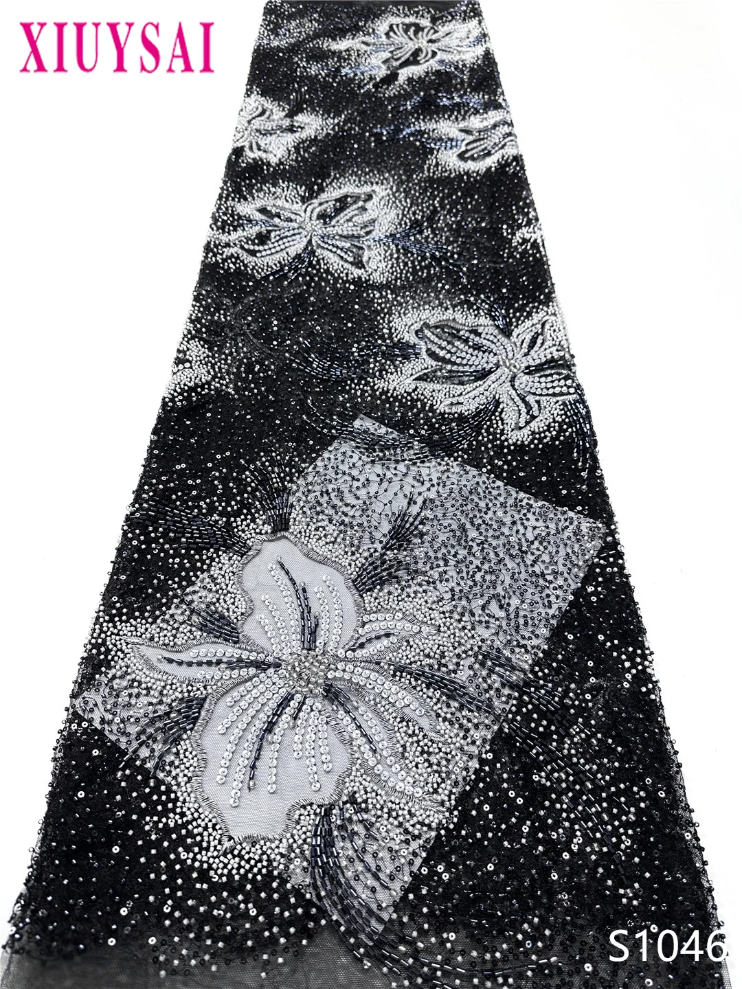 

2025 Latest French Beaded Tulle Lace Fabric High Quality African Net Lace Fabrics With Sequins For Evening Dresses