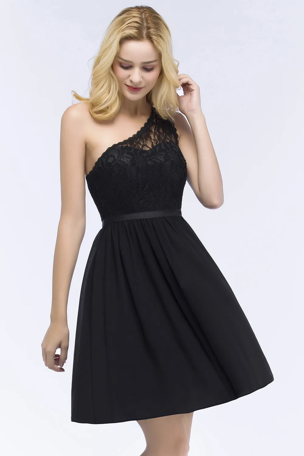 Elegant And Beautiful Dresses For Women A-line Short Evening Dresses Lace Zipper Up One-shoulder Black Prom Dress Luxury