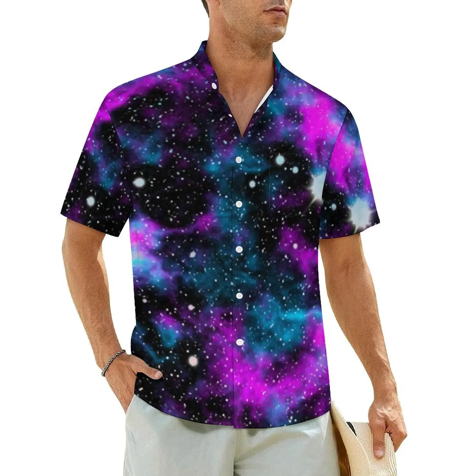 

Blue And Purple Galaxy Vacation Shirt Cosmic Neon Print Hawaiian Casual Shirts Men Trendy Blouses Short-Sleeved Harajuku Clothes