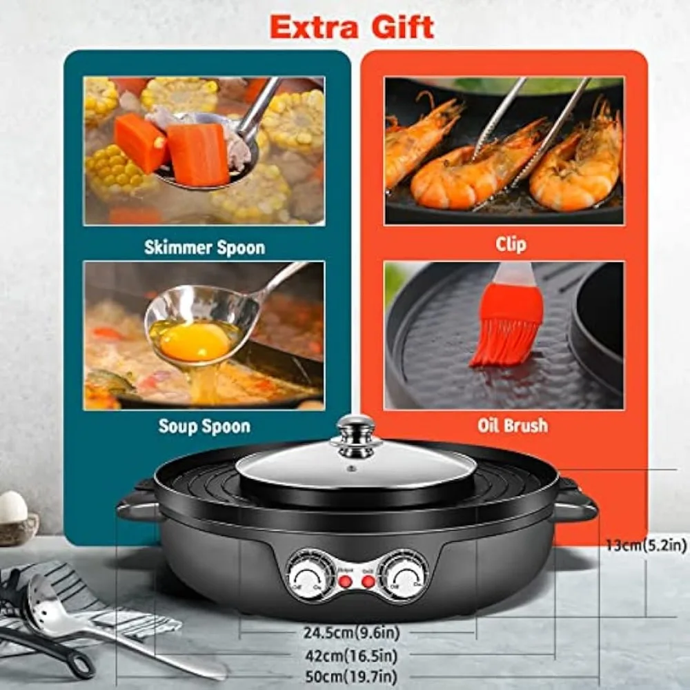 Hot Pot with Grill, 2000W 2 in 1 Electric Hot Pot Grill Cooker with Dual Temperature Control for 1-8 People