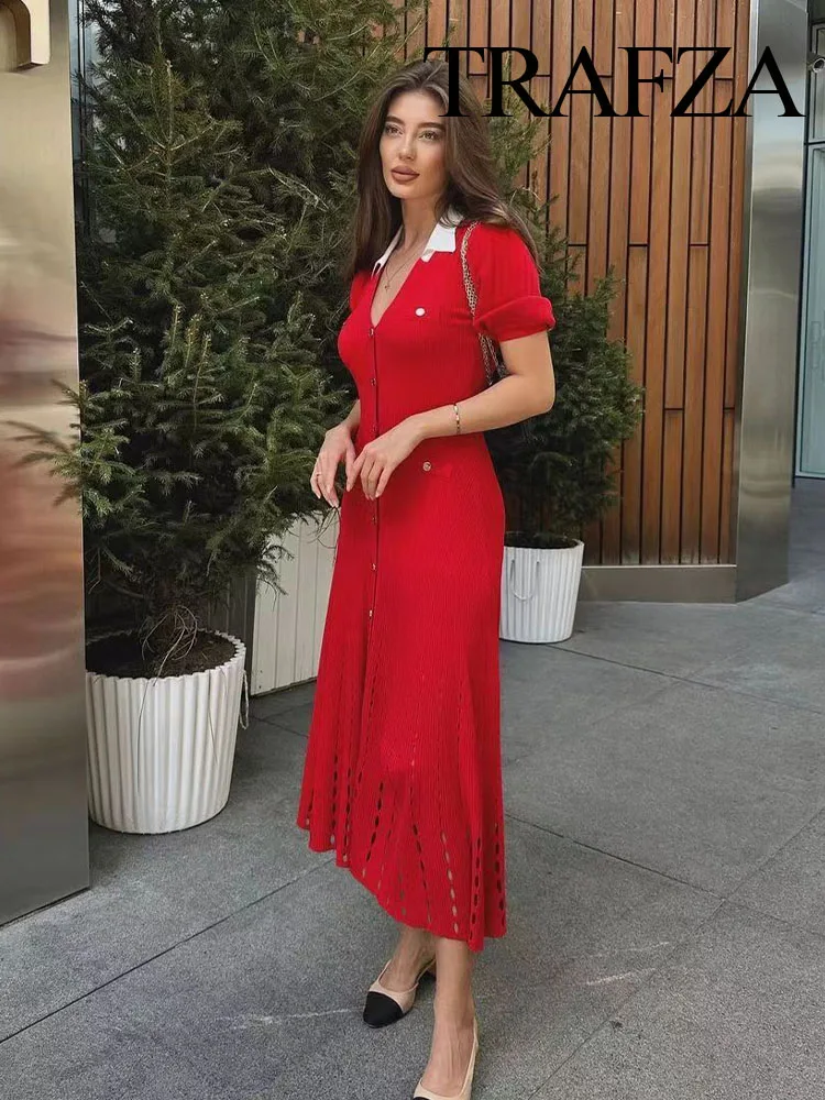 TRAFZA Summer New Fashion Women Dresses Turndown Collar Short Sleeves Pullover Knit Female Hollow Decoration Casual Midi Dress