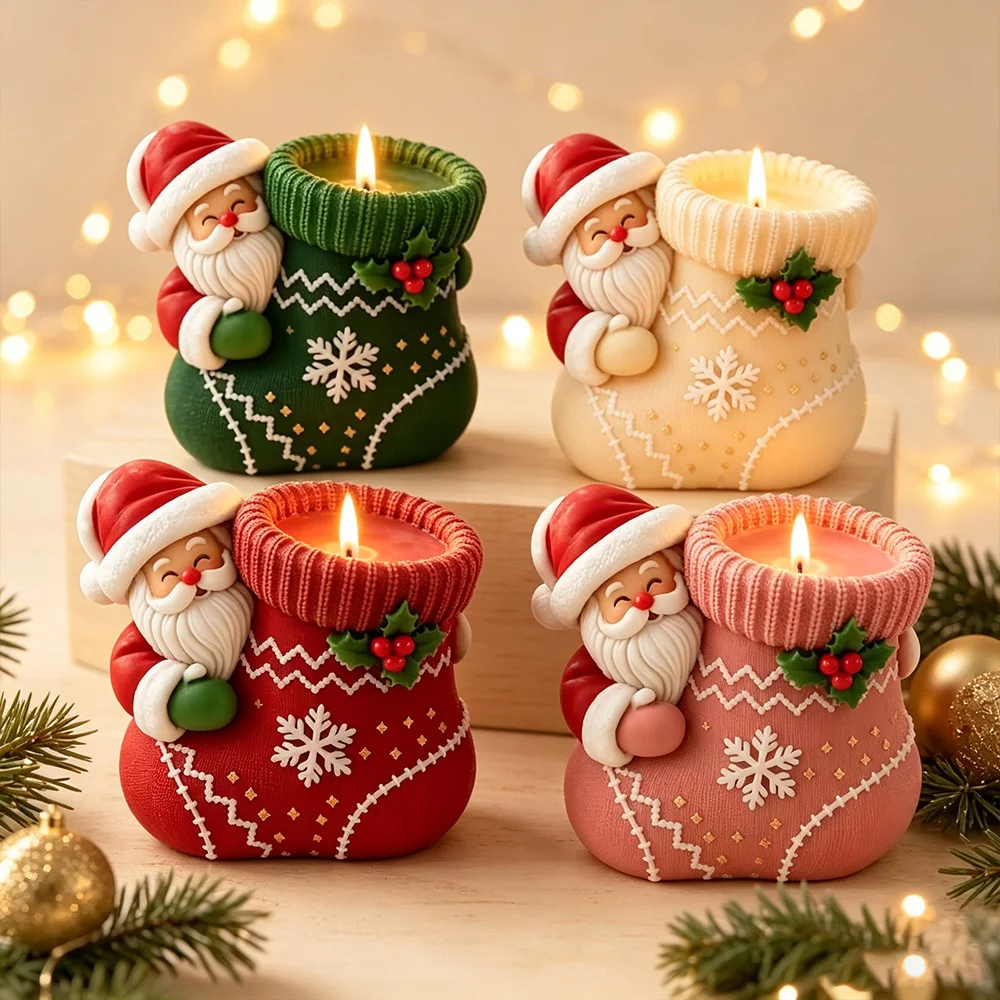 Santa Claus Christmas Socks Silicone Mold DIY Scented Candles Can Be Used for Plaster Pen Holder Vase and Other Home Decoration