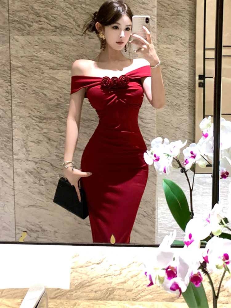 Women Red Pleated Bodycon Chic Flower Chest Wrapping Dress 2025 Korean Vintage Luxury Gown Summer Elegant Festival Evening Dress