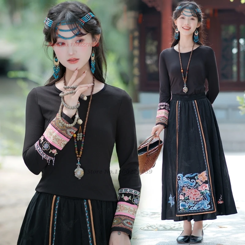 

2024 traditional chinese vintage shirt national flower embroidery o-neck folk shirt oriental tang suit ethnic retro base shirt