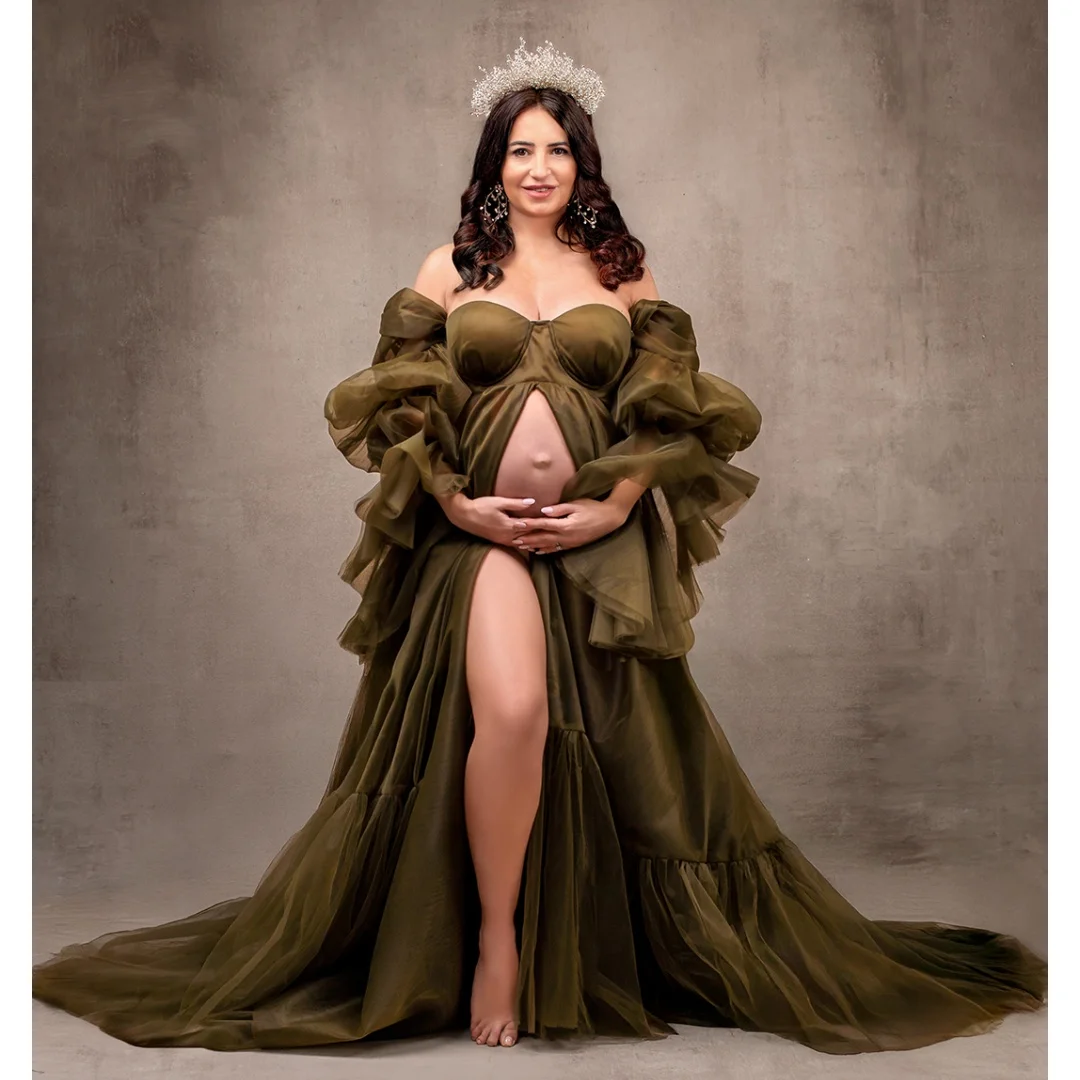

Long Sleeves Green Prom Dresses Off the Shoulder Maternity Photoshoot Dress with Slit Customized Long Party vestido de novia