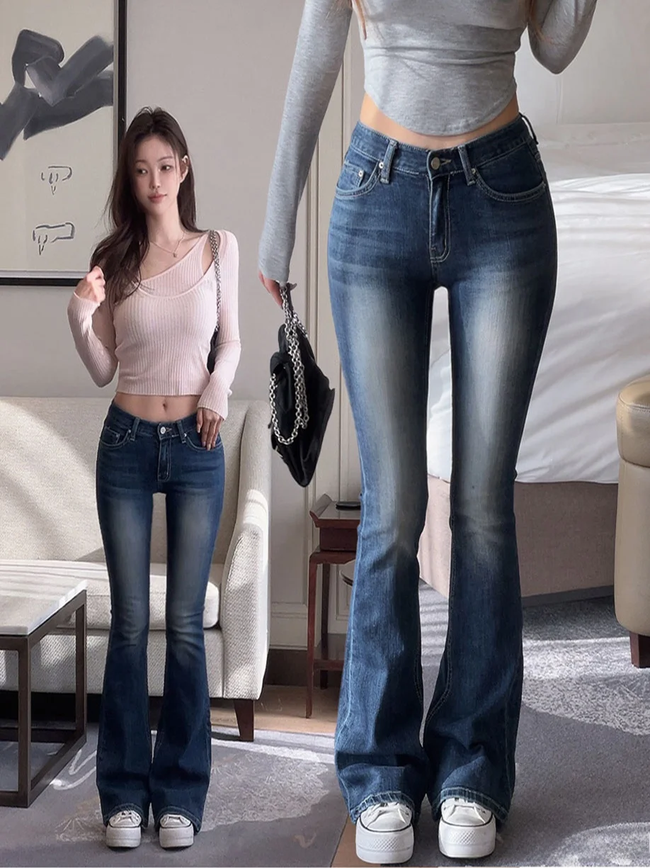 Low Waist Soft Denim Bell Bot Jeans Women's Retro Long Pants Basic Sle Waed out Slim Fit Korean Sle mid Stretch