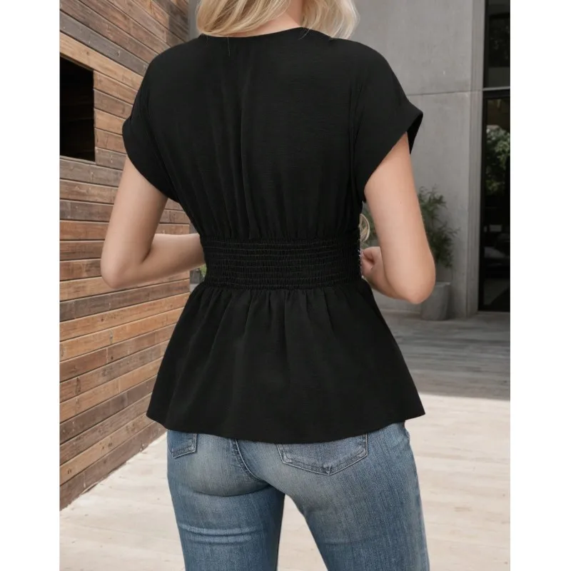 

2025 Summer Women's shirt Blouse Tops Solid Color Pullover Deep V-Neck Slim Waisted Fashion Elegant Casual New Lady Office Tops