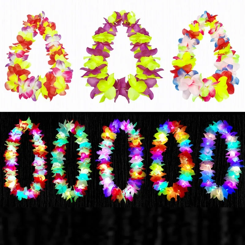 

10pcs LED Hawaiian Leis Hula Garland Artificial Flowers Necklace Light up Flashing Dance Glow Party Birthday Wedding Festival