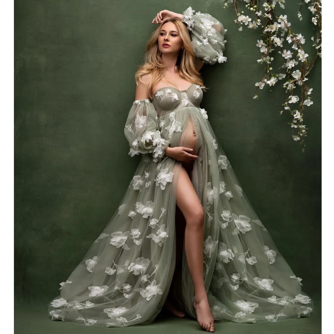 

Green Floral Maternity Photoshoot Dress Empire Waist Tulle Prom Dresses with Slit Customized vestido de novia Photography Props