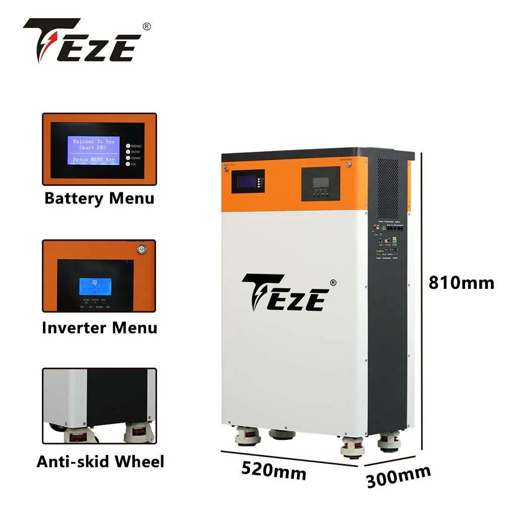 TEZE 51.2V 150AH 7.5KWH Powerwall With 5KW Inverter All-in-One Solar Power Energy Storage LifePo4 Battery Built-in BMS