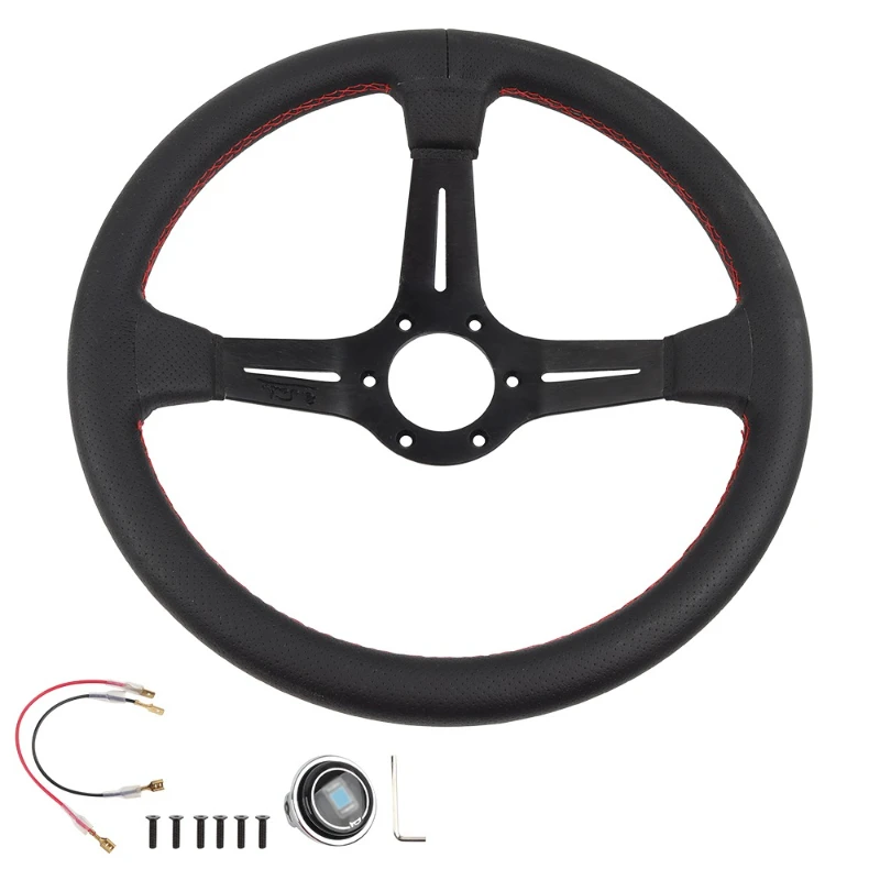 

JDM Universal 14-inch 350mm Genuine Leather Deep Corn Drift Sport Steering Wheel, ND with Horn and Aluminum Button