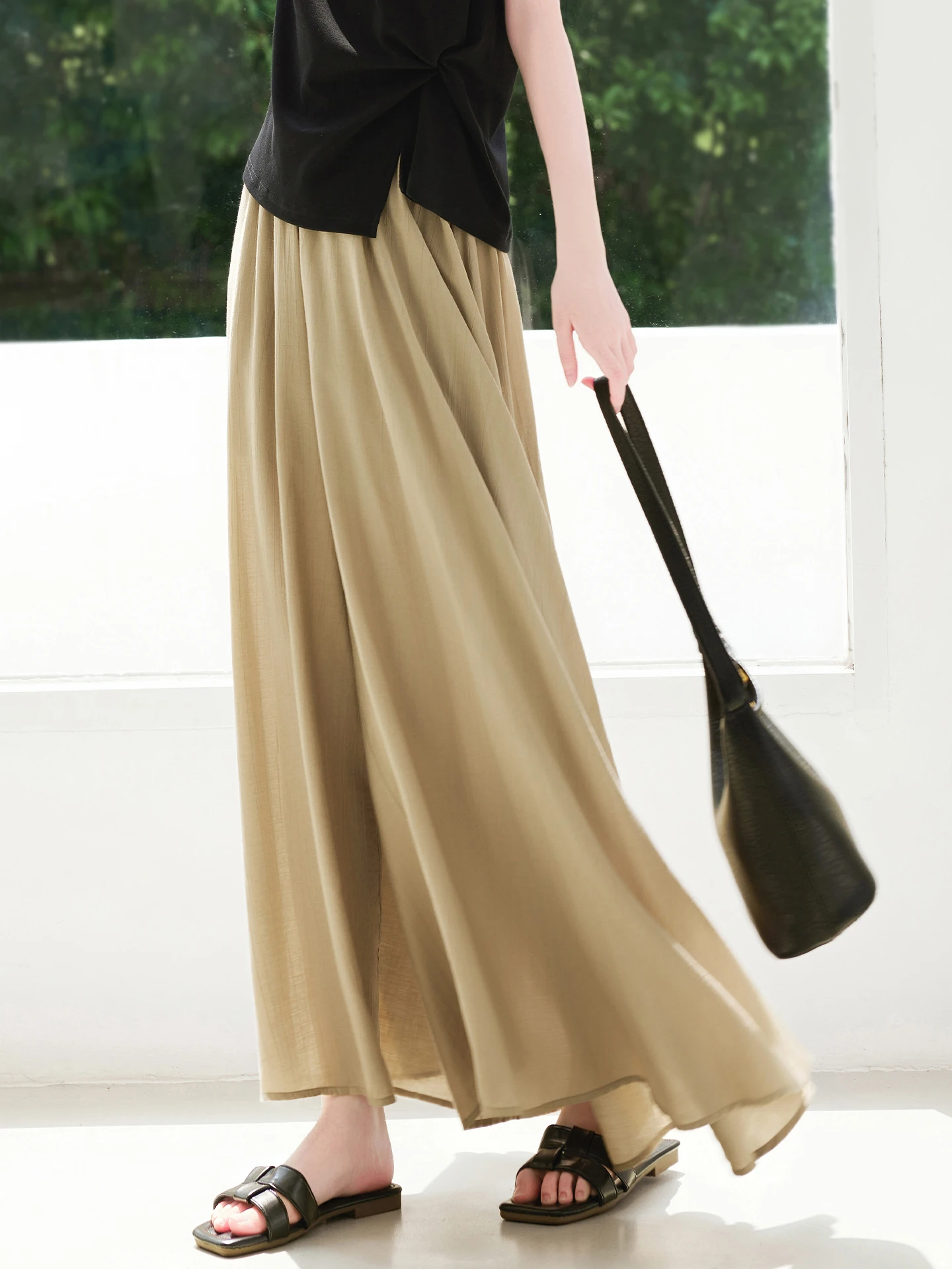 

Xinfei Women's Long Wide Leg Pants Summer 2025 New Commute High Waist Loose Fit Casual Trousers Pleated Draped Skirt Sle