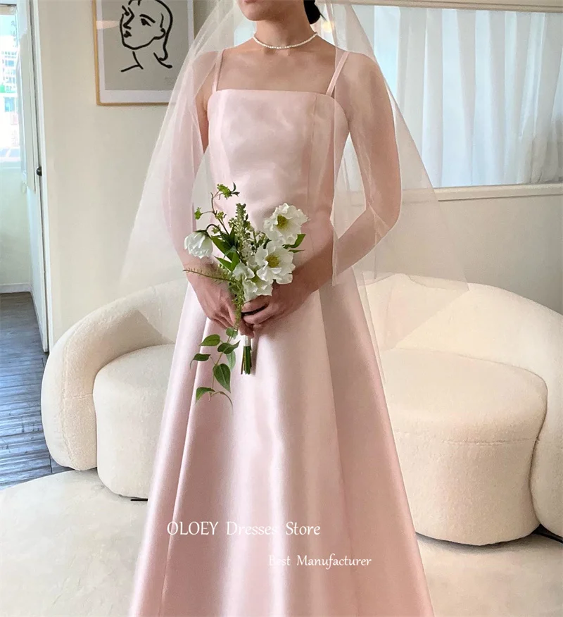 OLOEY gaun pernikahan Korea merah muda garis A sederhana dengan korset tali spageti Tulle balero gaun malam Formal Satin belakang