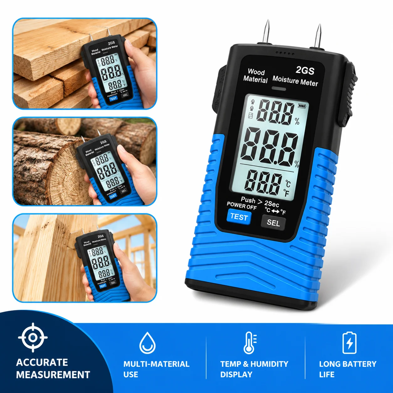 Digital Wood Moisture Meter Pin Type Damp Tester Retractable Probe Ambient Temp Humidity LCD for Hardwood Building Material