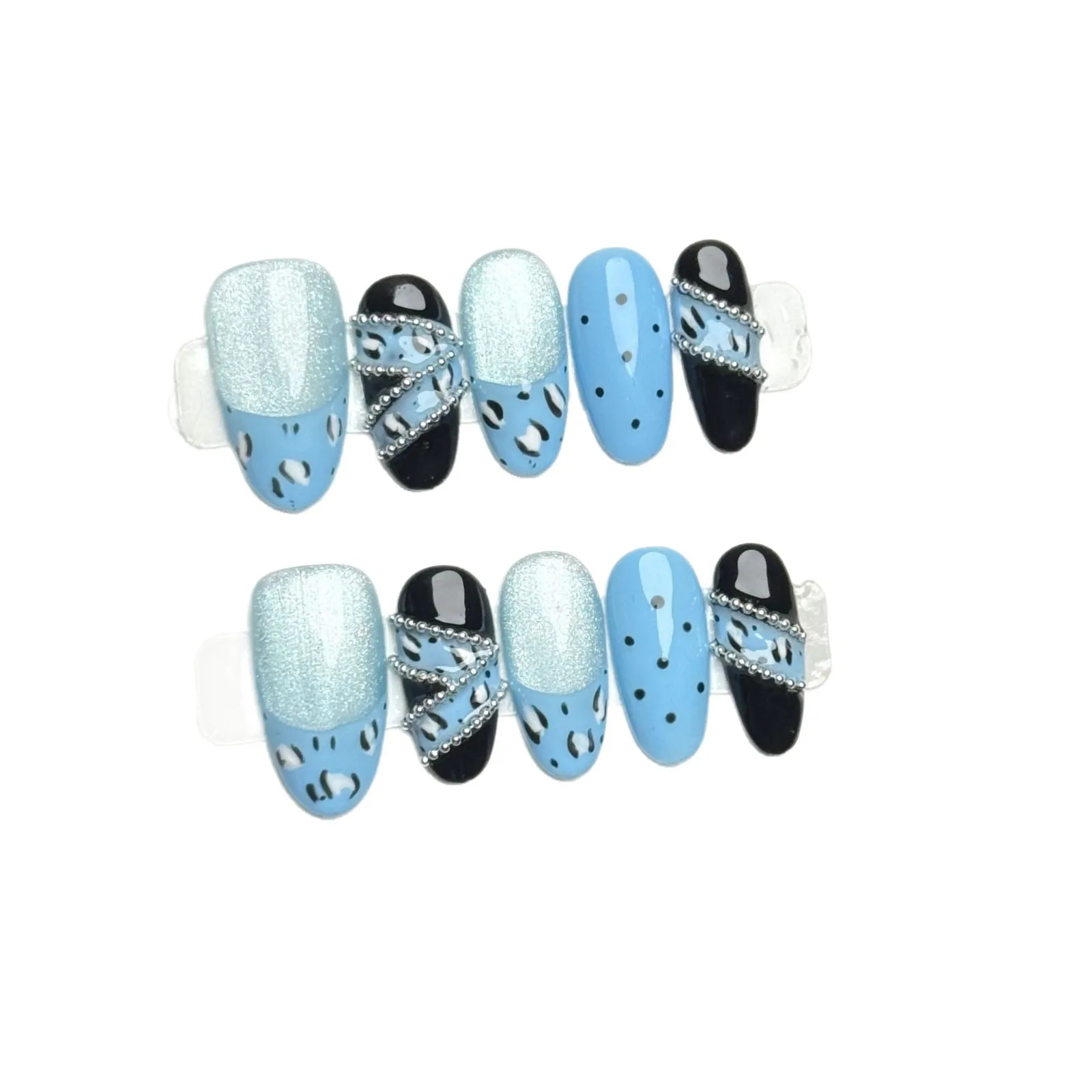 10pcsHandmade Oval Press On Nails Blue Cat Eye Leopard Print Chain Polka Dot Design Fake Nails Wearable Nails Art Tip Spice Girl