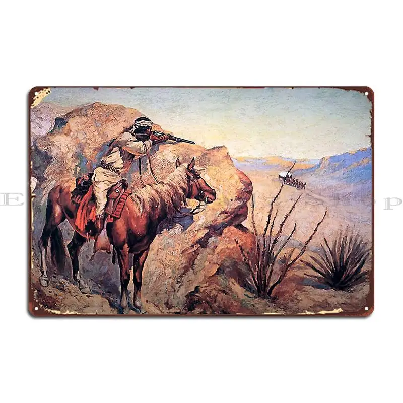 Frederic Remington Western Art Apache Ambush Metal Sign Wall Cave Cinema Mural Garage Character Tin Sign Poster