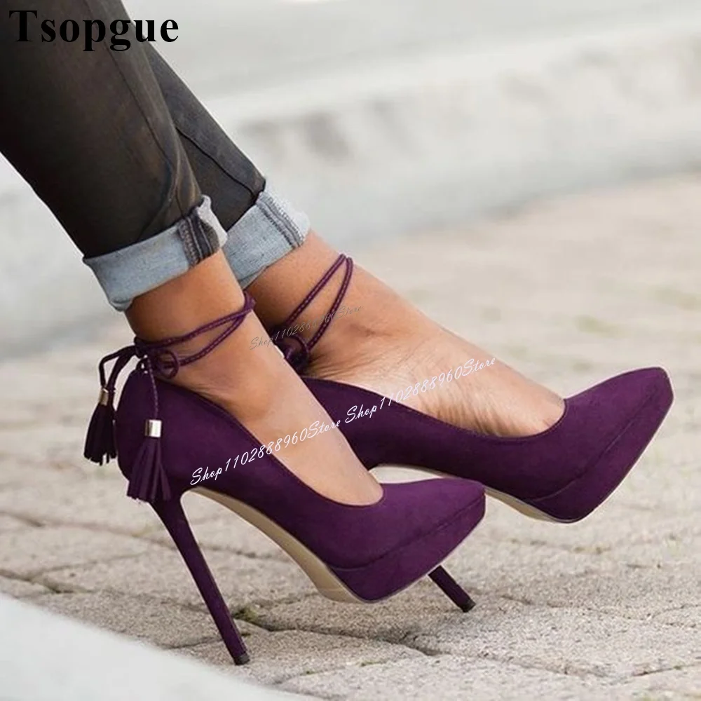 

Lace-Up Purple Flock Short Tassels Low Platform Pumps Thin High Heel Women Shoes Pointed Toe 2024 Fashion Zapatos Para Mujere