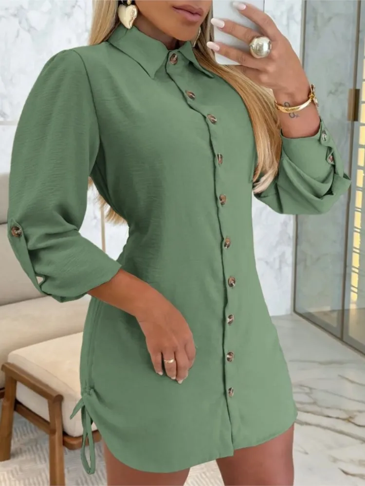 

Spring Autumn Fashion Solid Color Drawstring Shirt Dresses Women Casual Lapel Long-sleeved Button Mini Dress 2025 Ladies Dress