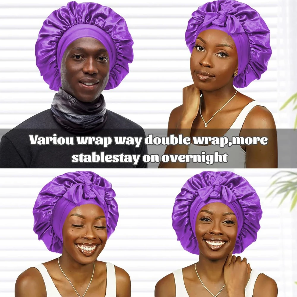 Satin Shower Cap For Women Silky Bonnet Solid Wide Band Stretch Edge Wrap Nightcap Hair Care Sleeping Cap Head Cover