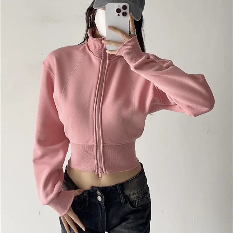 Women Crop Hoodie Sweatshirts Fashion Solid Color Detachable Hoodies Slim Waist Zipper Jackets Casual Vintage Sweatshirts Y2k