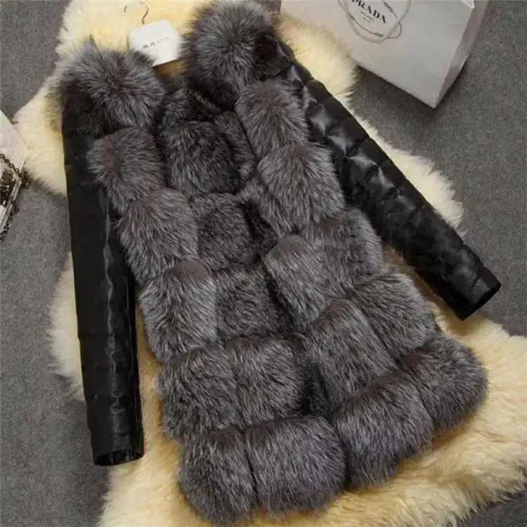 

Fashion Women Winter Artificial Fur Jacket Long Hair Plaid Leather Spliced Female Fur Outwear Slim Elegant Lady Faux Fur Coat