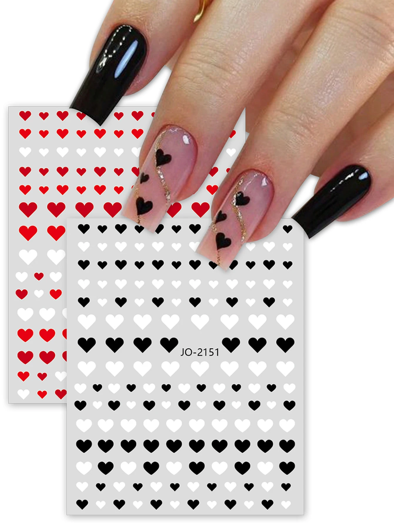 

2 Sheets Heart Nail Stickers – Red, Black, and White Self-Adhesive Love Heart Nail Decals for Valentine's Day Manicure DIY Nail