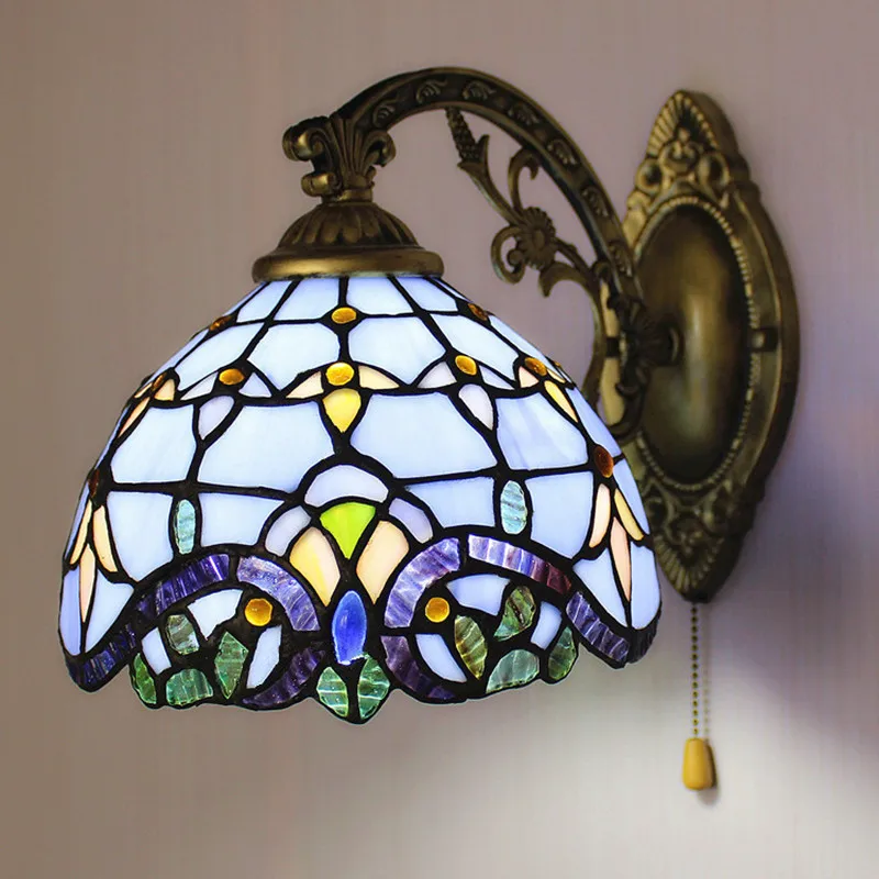 European-Style Mediterranean Stained Glass Mirror Headlight Bedroom Bedside Balcony Study Restaurant Creative Tiffany Wall Lamps