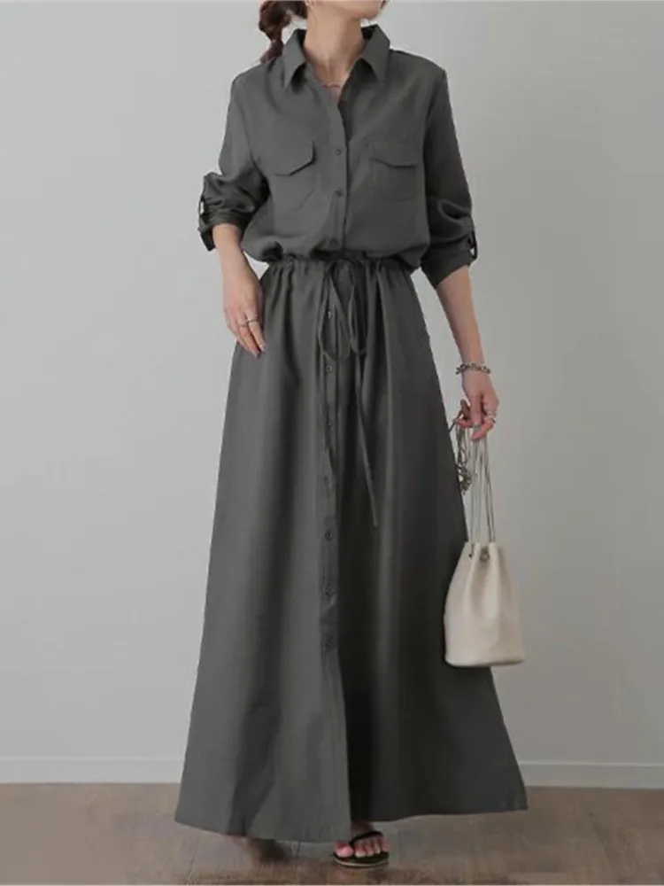 

Casual Solid Color Shirts Long Dresses Women Fashion Lapel Long Sleeve Drawstring Elastic Waist Dress Female Commuting Clothing