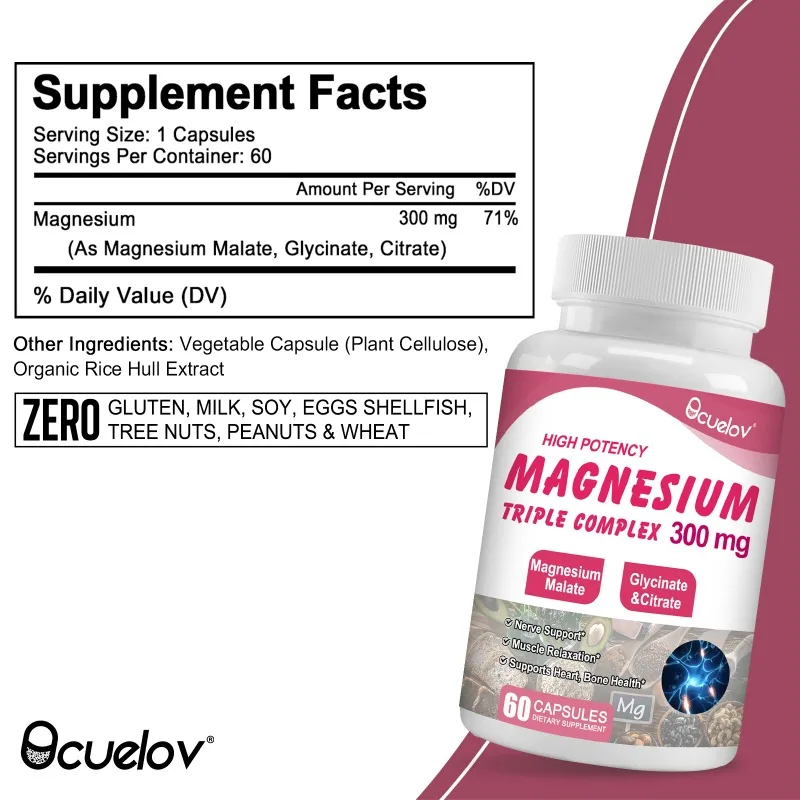 Triple Magnesium Complex, 300 Mg Magnesium (Glycinate, Malate, and Citrate) for Muscle, Nerve, Bone, and Energy