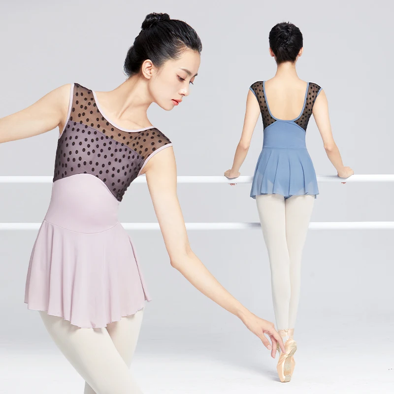 Ballet Dance Dress for Women Flocking Mesh Splice Dance Leotard with Skirt Elegant U Back Ballet Dress for Gymnastics