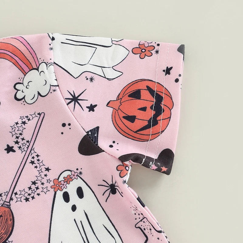 

Toddler Girls Halloween Costume Set Cute Pumpkin Witch Cat Print Short Sleeve T-Shirt Elastic Waist Shorts Outfit for Kids