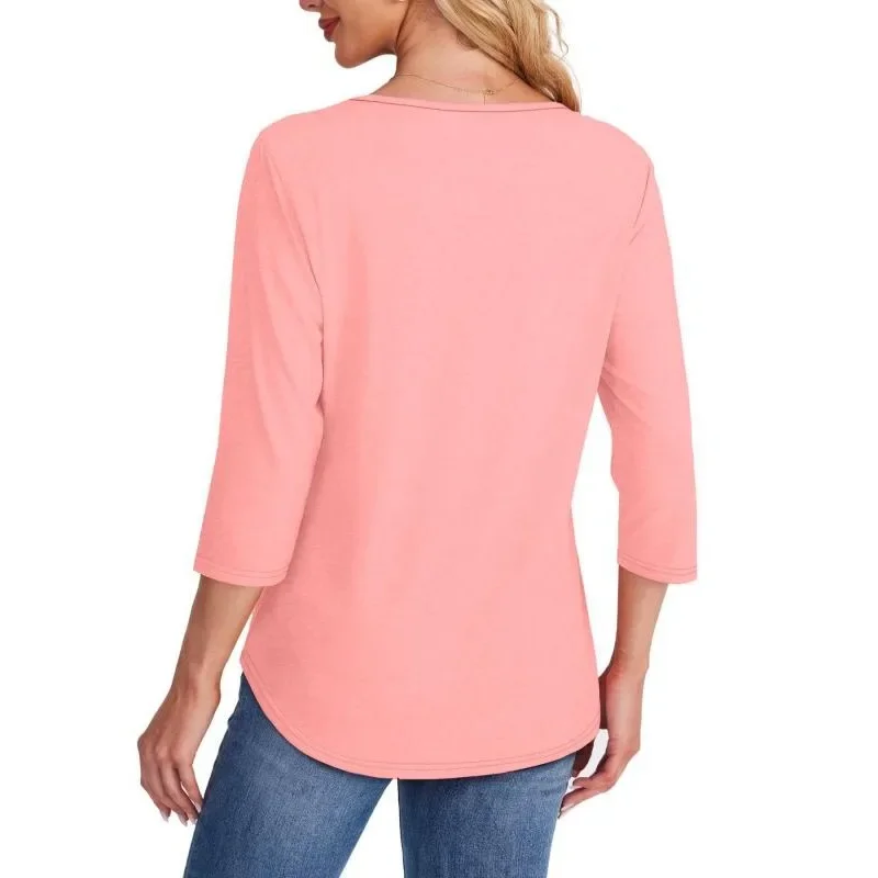 حجم كبير 1XL-5XL جديد المرأة عادية تي شيرت قمة الموضة الصلبة الملابس النسائية س الرقبة طويلة الأكمام البلوز بلايز بلايز #6