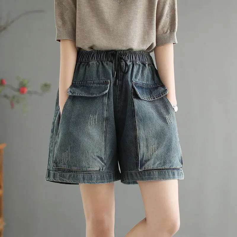 

Woman Summer Denim Shorts Female Fashion Style Casual Loose Elastic High Waist Wide Leg Straight Shorts Jeans Streetwear G75