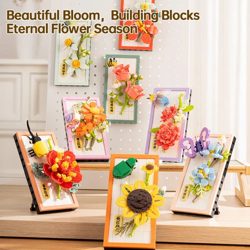 

MOC Blossom Plum Flower Peonies Painting Frame Building Blocks Set Hanging Butterfly Sunflower Tabletop Toys For Children Gifts