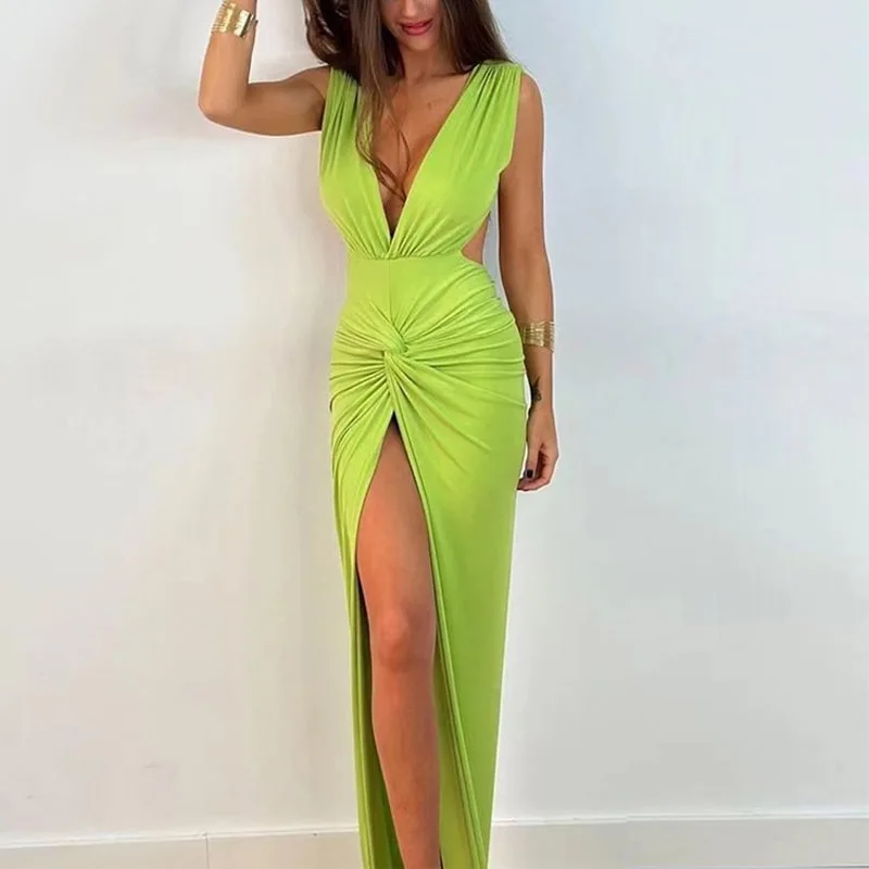 

2023 Women Fashion Solid Folds Wrap Dresses Sexy Deep V-neck Bodycon Formal Dress Lady Solid Sleeveless Cross Knot Long Dress