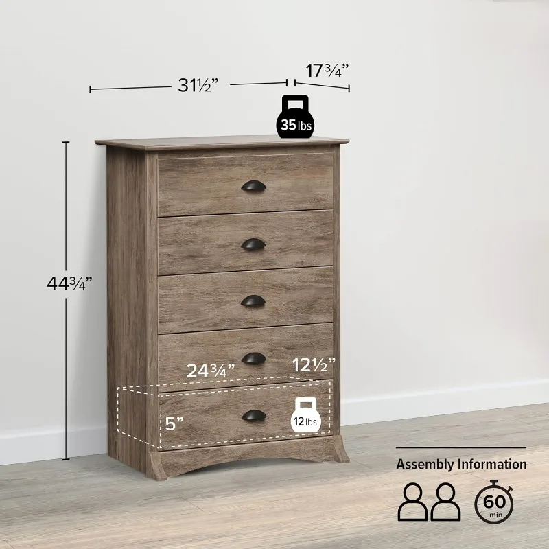 Salt Spring Rustic 5-MELTall Commode pour chambre à coucher, commode de ferme Poitrine des portes de proximité Drifted Grey, DDC-3345