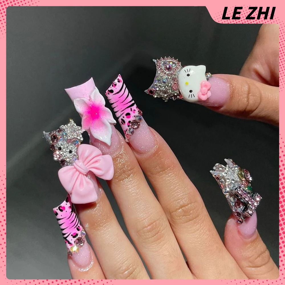 3D Y2K Sanrio Hello Kitty Euro-American Pink False Nail French Style Duckbill Xl Leopard Print Streak Design Full Cover Nail Tip