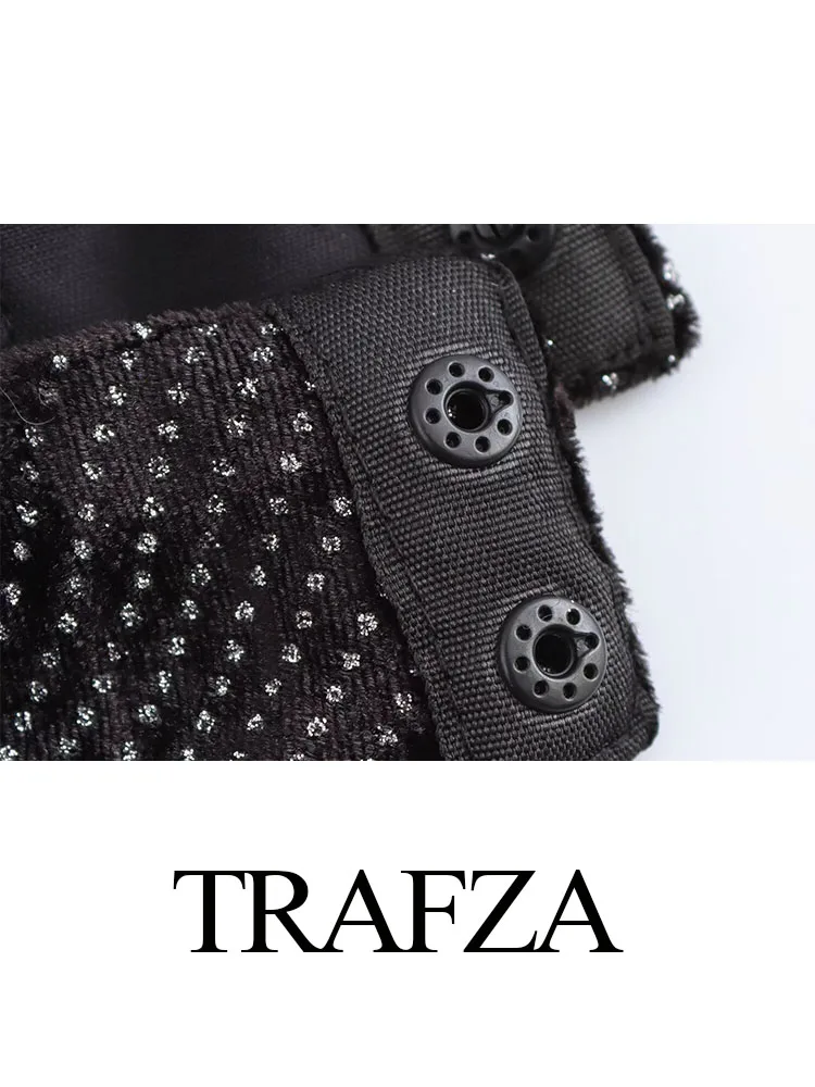 TRAFZA-Top de terciopelo de calle alta para mujer, Top negro de manga larga con agujeros, botones decorativos de diamantes de imitación, monos de moda para mujer