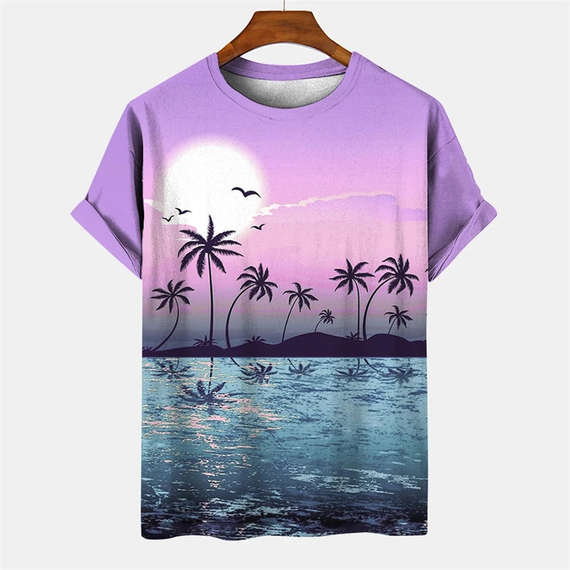 Men Tropical Beach Sunset Palm Tree Short Sleeve T‑Shirt Ocean Scenery Print Crew Neck Tops