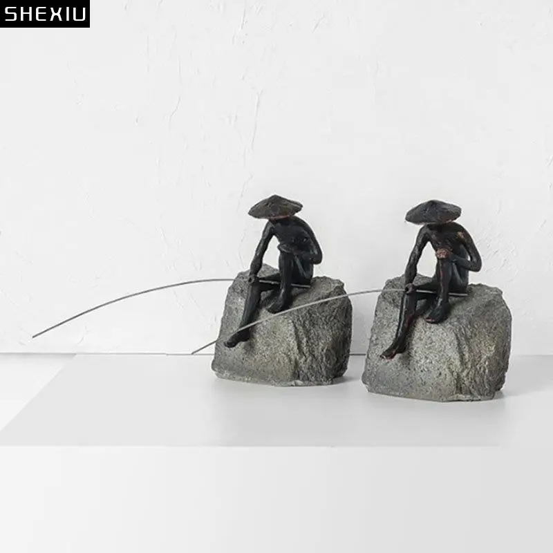 

Creative Fishermen Bookends Library Bookshelf Crafts Ornaments Fishing Figure Sculpture Desk Decoration Modern Home Decor