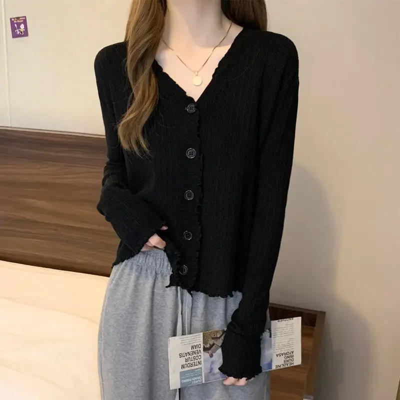 Spring Summer New Hundred Style Slim Long Sleeve Top Women Wooden Ear Edge V-Neck Knitted Cardigan Coat Large Underlay