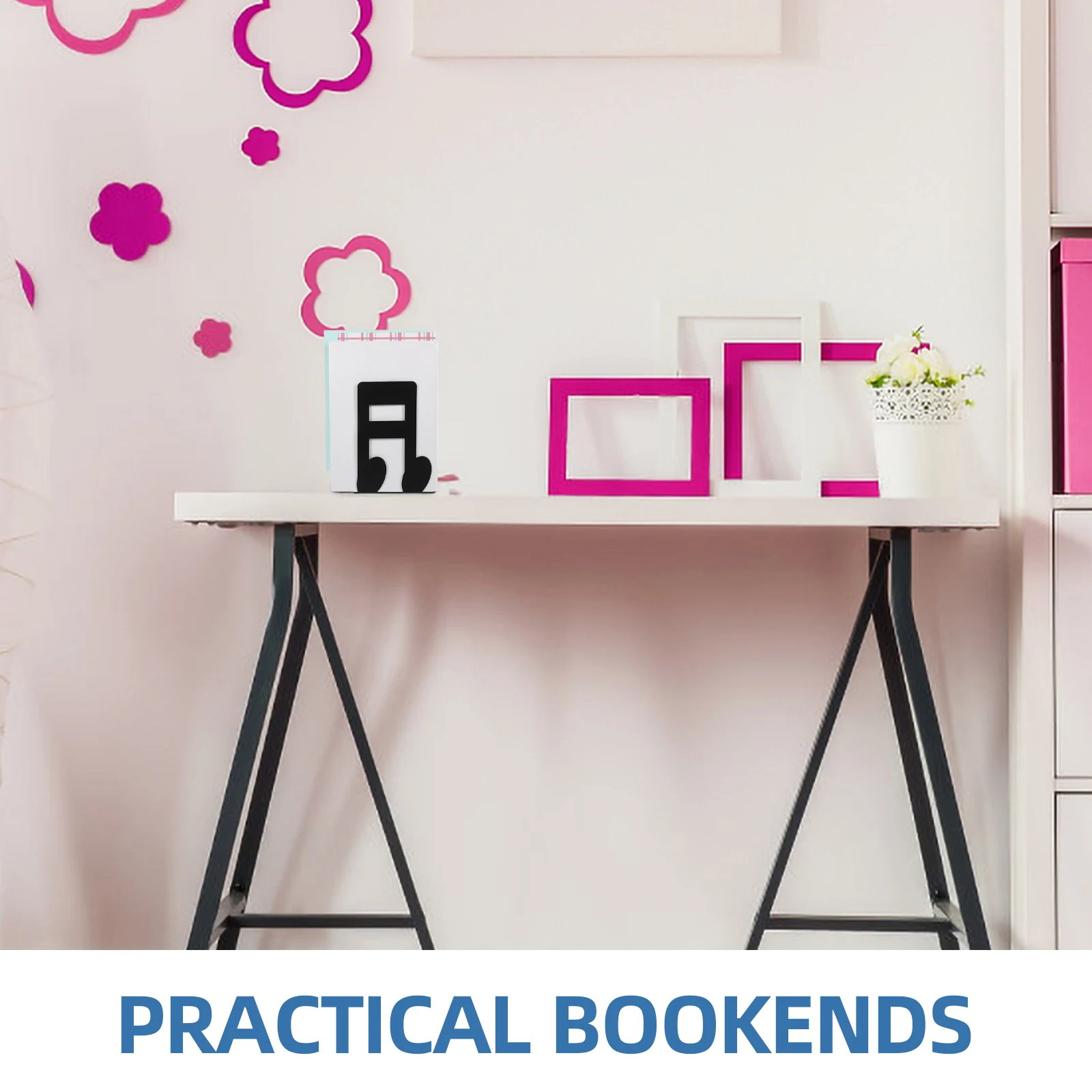 1Pair Note Shaped Iron Bookends Sturdy Desktop Book Holders for Office Study File Magazine Organizer Decorative Book Organizer