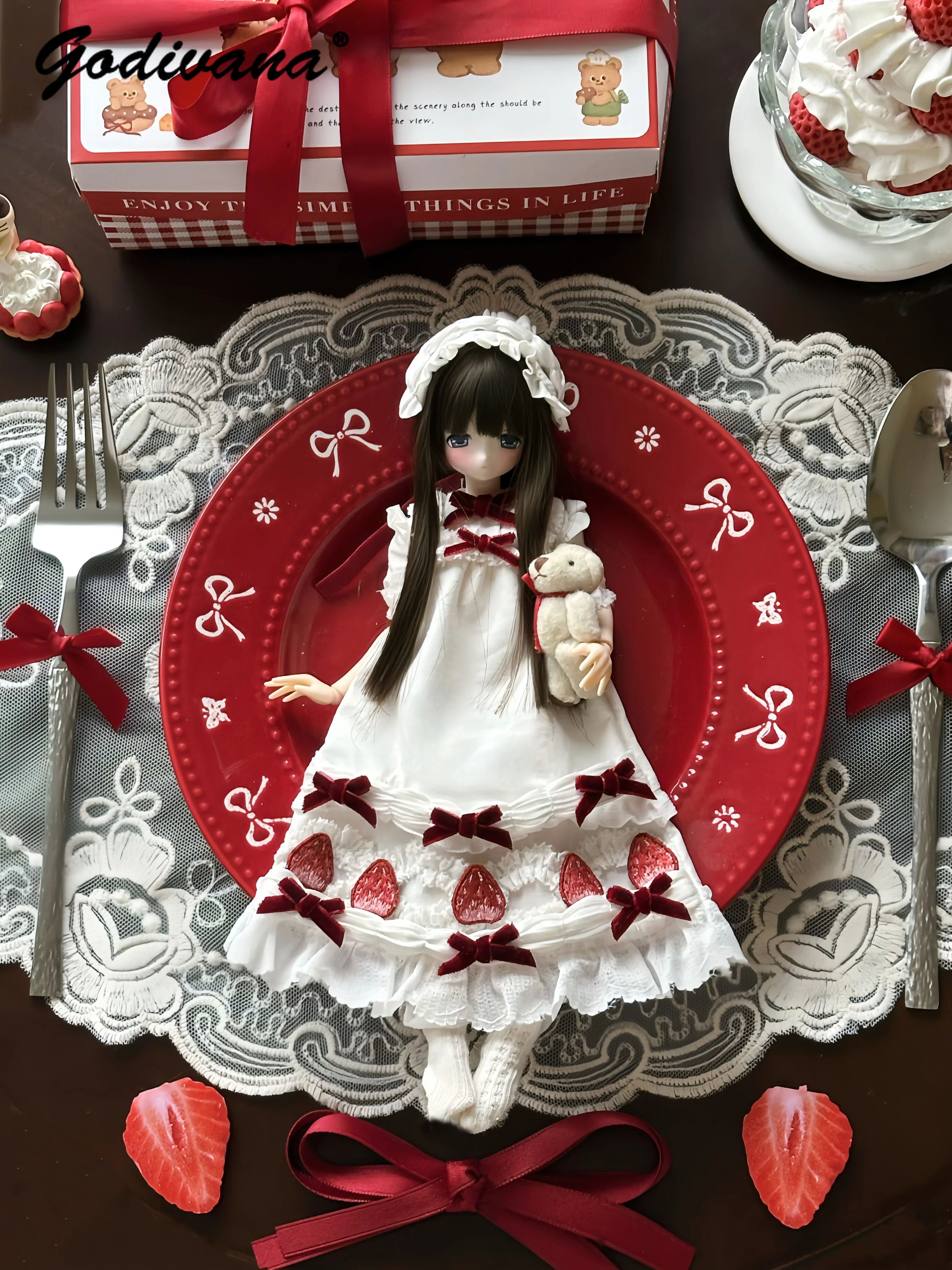 Sweet Strawberry Embroidery Lolita 1/4 BJD Doll Dress Outfit Ruffle Lace Bonnet Hat Velvet Bow Decor Doll Clothes Fit 1/6 Azone
