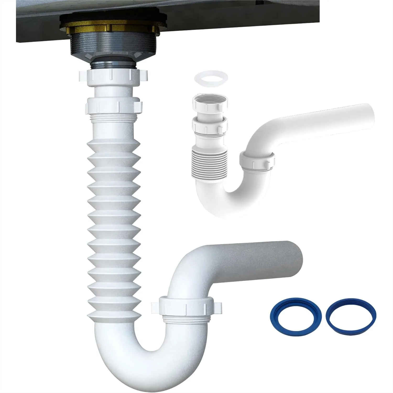 

Flexible P Trap for Bathroom Sink, Expandable Drain Pipe with Slip Joint and Direct Connection, 1-1/2" or 1-1/4"