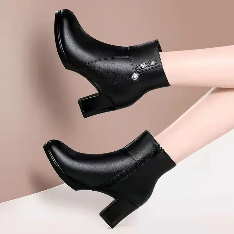 Fashion Leather Women Winter Ankle Boots Side Zipper High Heels Shoes Warm Thick Plush Snow Boots for Women Botines De Mujer