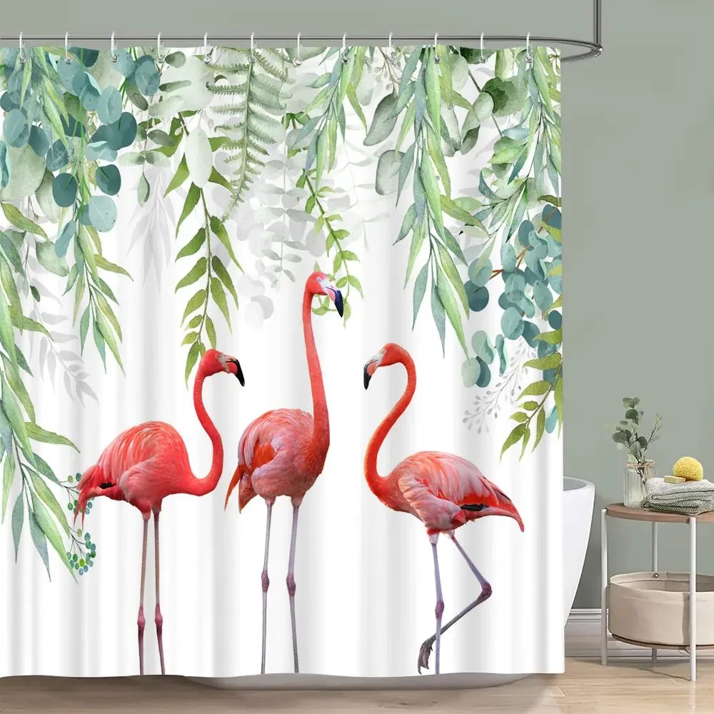 

Flamingo Shower Curtain Tropical Plants Green Leaves Watercolour Painting Style Art Home Bath Curtains Bathroom Decor with Hooks